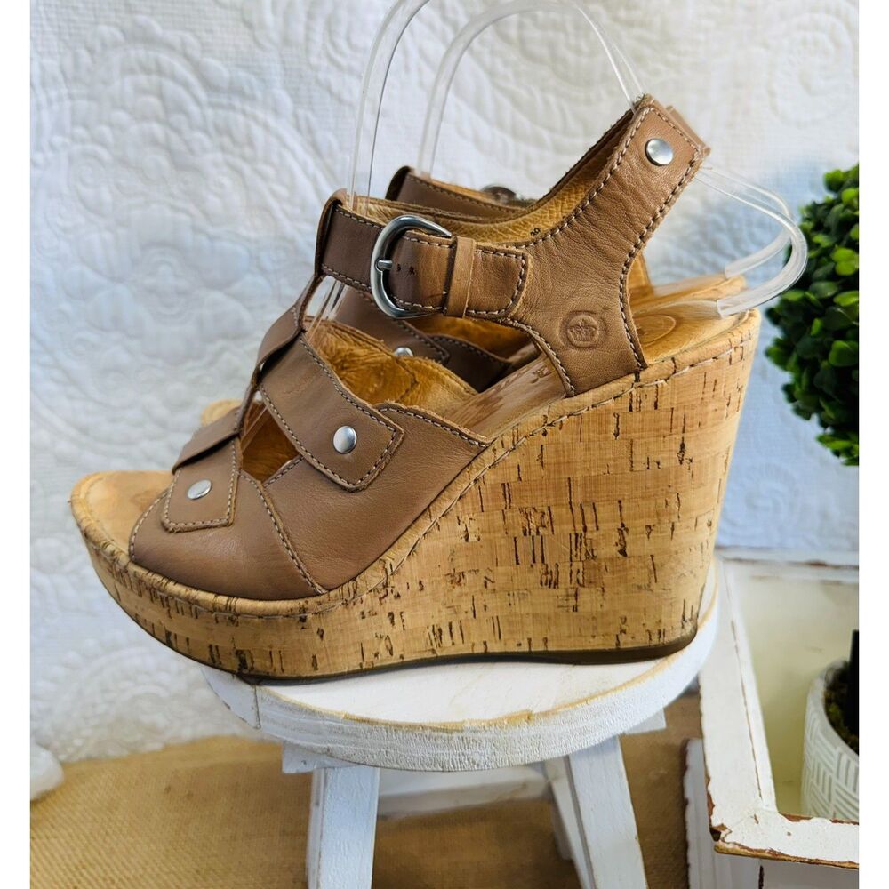 Born Women's Tan Leather Cork Wedge Platform Sandals